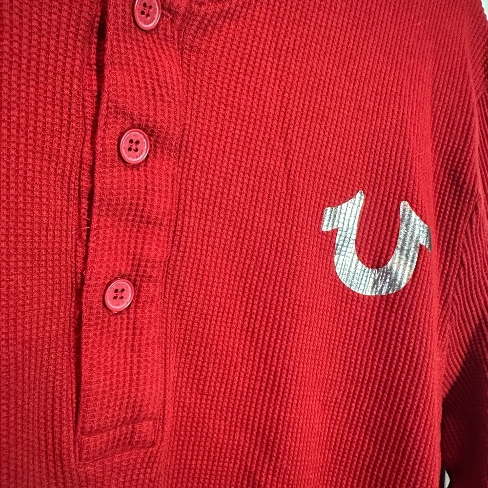 True Religion Shirt Mens Lg Red Dahlia Long Sleeve Rib Henley Waffle Logo EUC